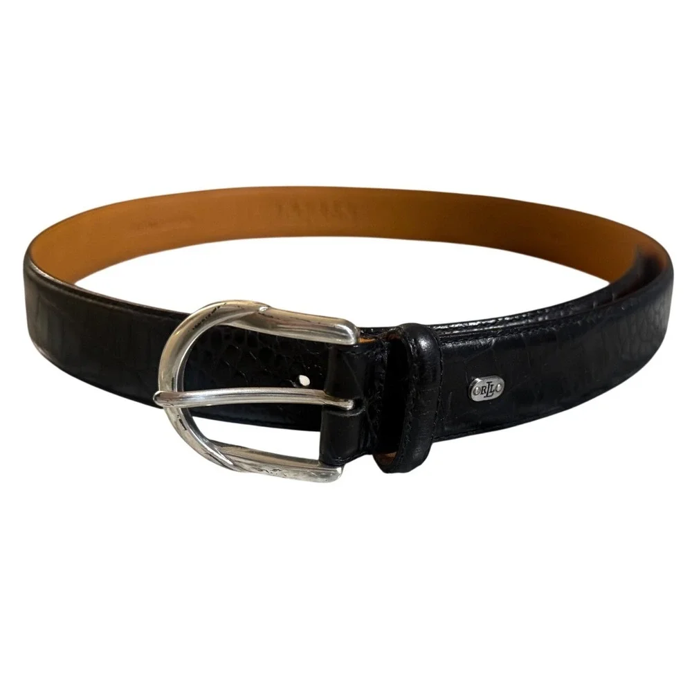 Lauren Ralph Lauren Black Italian Leather Croc Embossed Belt Silver Buckle M